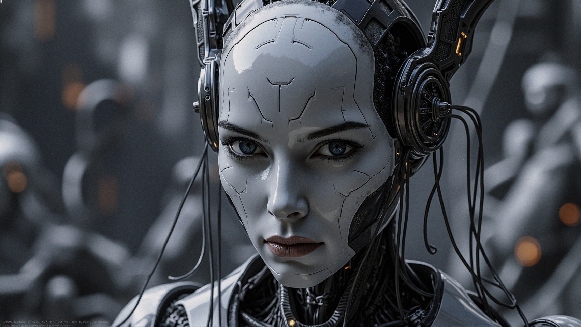 Futuristic humanoid robot with metallic features and blue eyes
