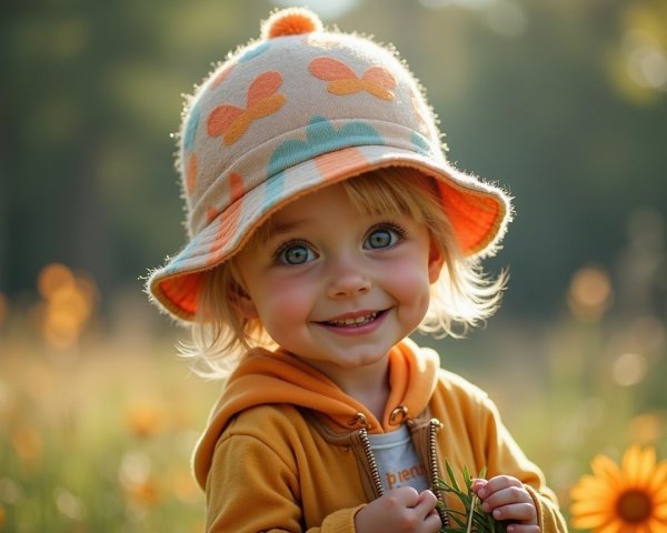 Young Child in Sunlit Meadow with Flowers and Hat