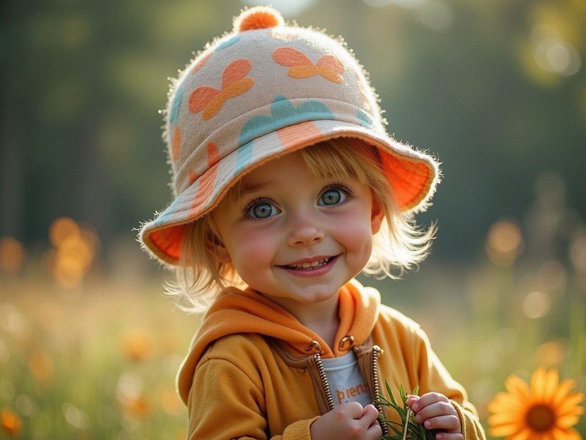 Young Child in Sunlit Meadow with Flowers and Hat