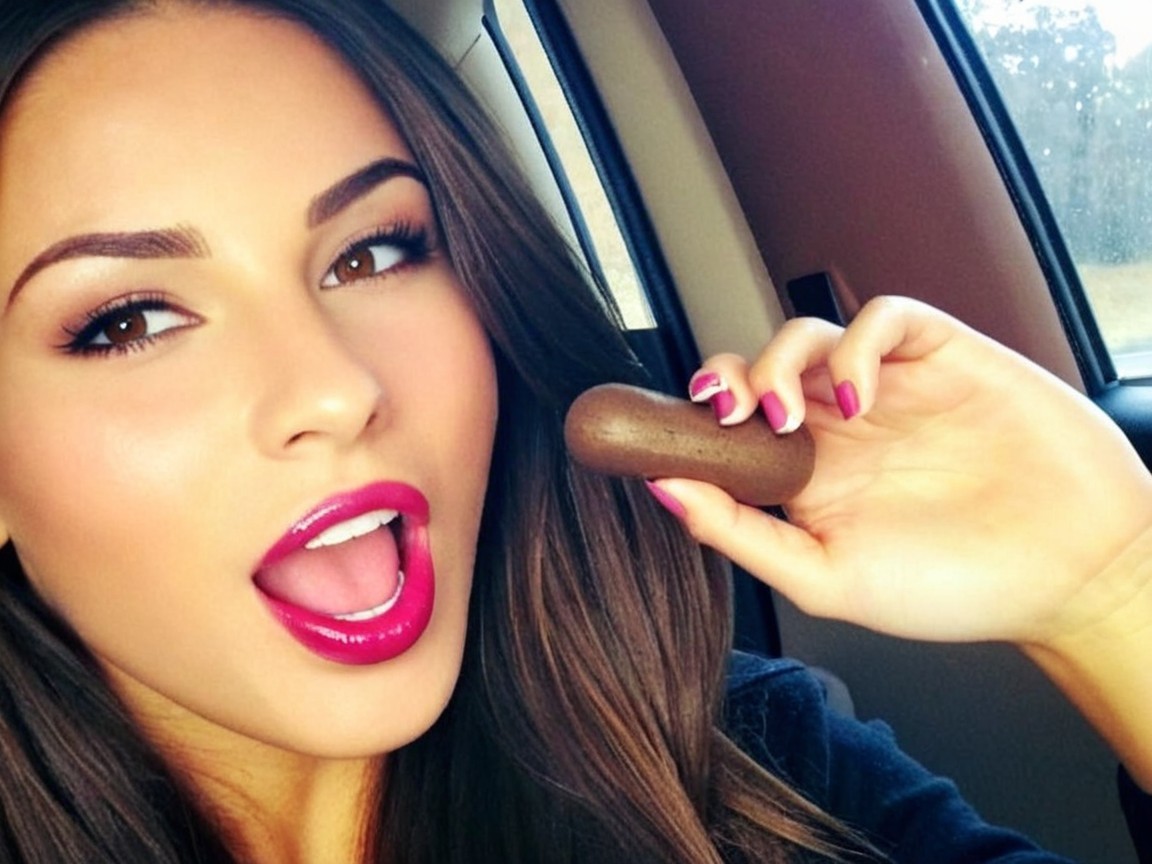 Young woman with bold makeup poses in car interior