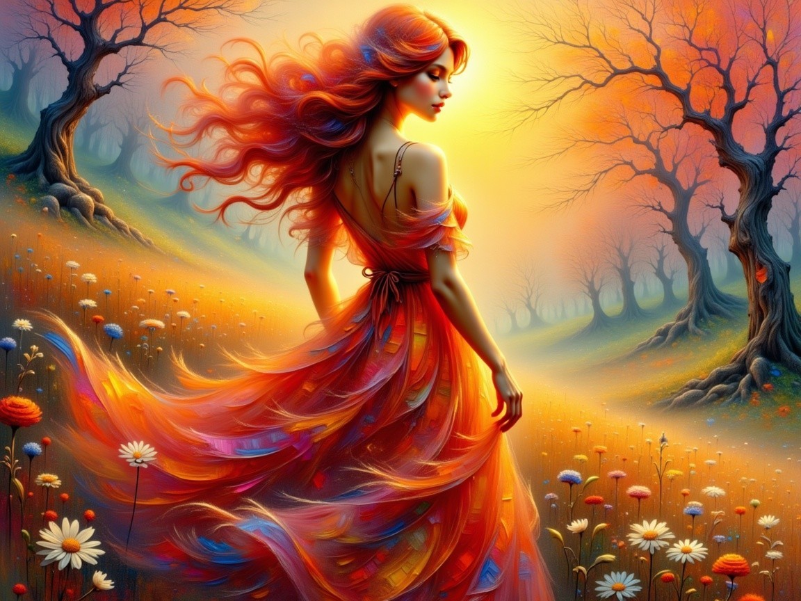 Woman in Autumn Landscape with Flowing Red Hair