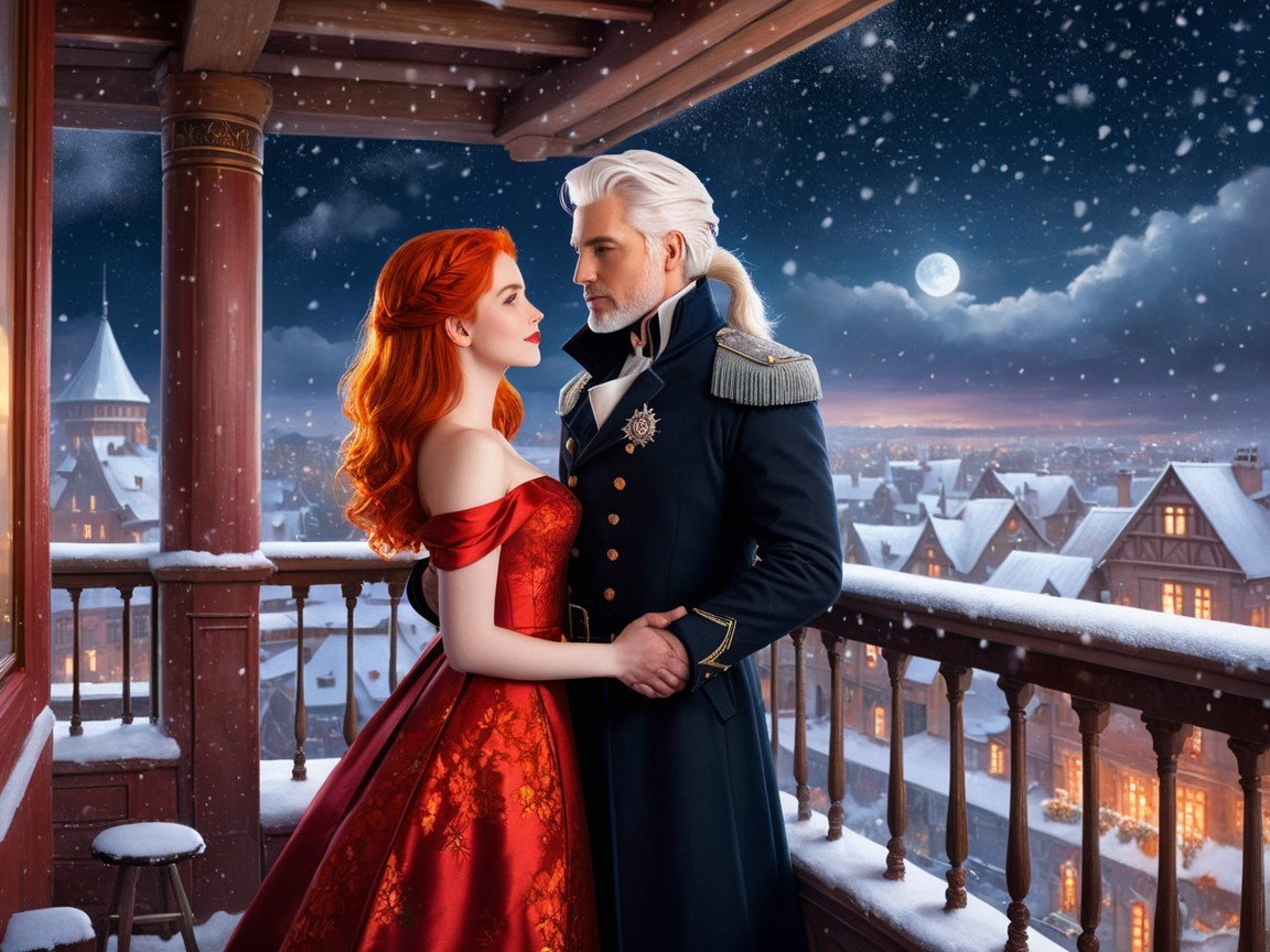 Romantic Snowy Balcony Scene with Elegant Couple