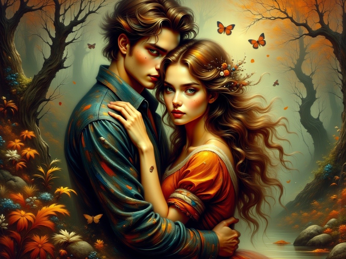 Couple Embraced in a Mystical Autumn Forest