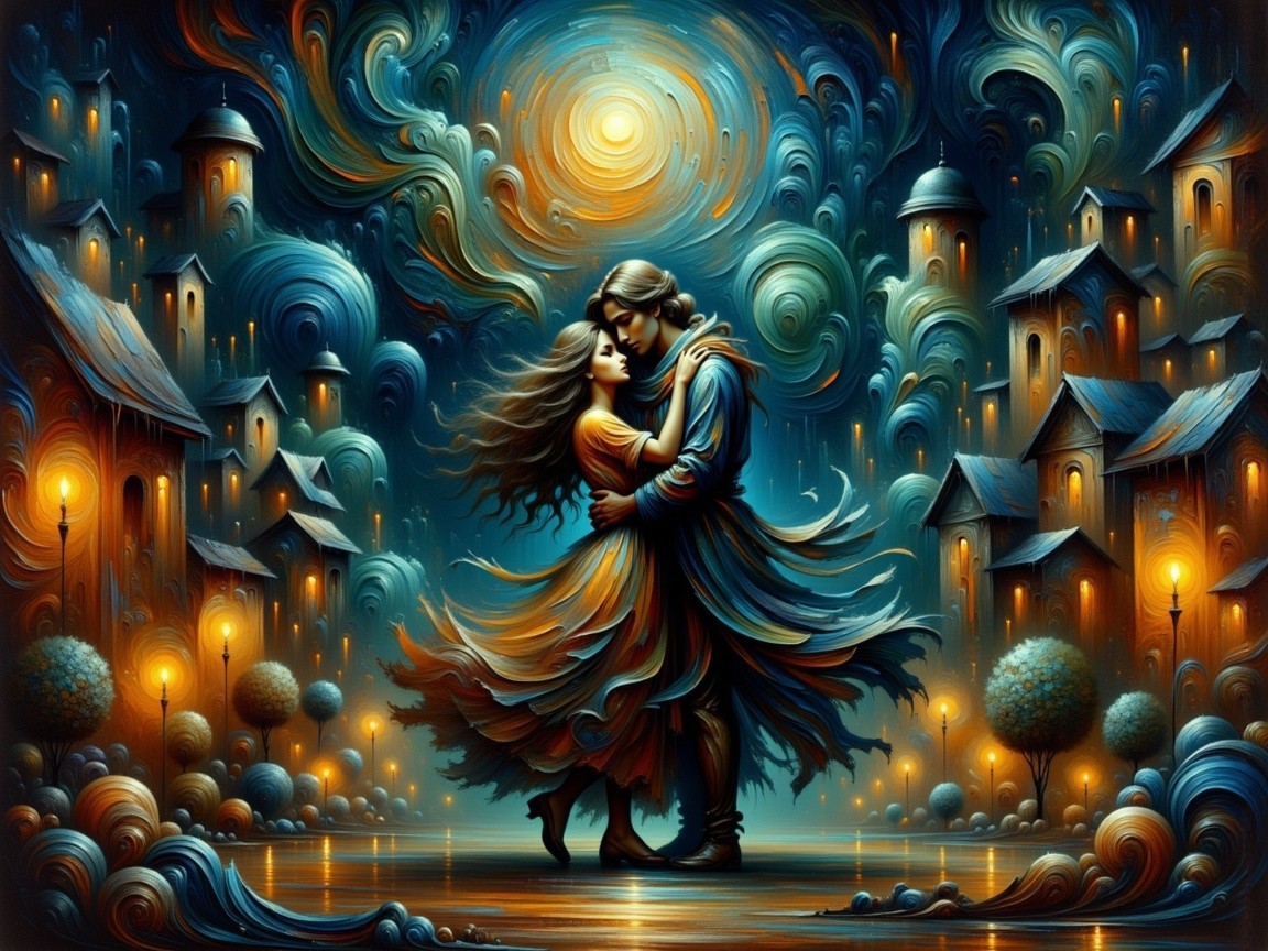 Romantic Embrace in a Dreamlike Landscape
