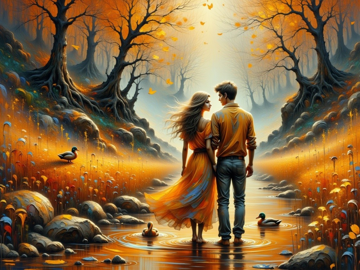 Couple by a serene river in autumn setting