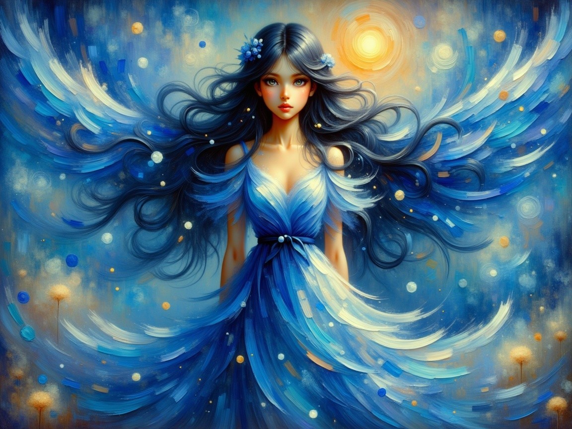 Mystical figure with blue hair in serene atmosphere
