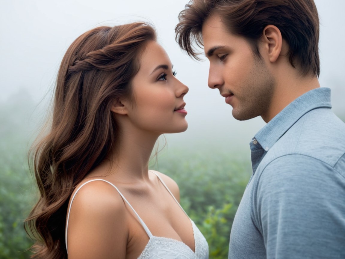 Young couple in a misty landscape showcasing intimacy
