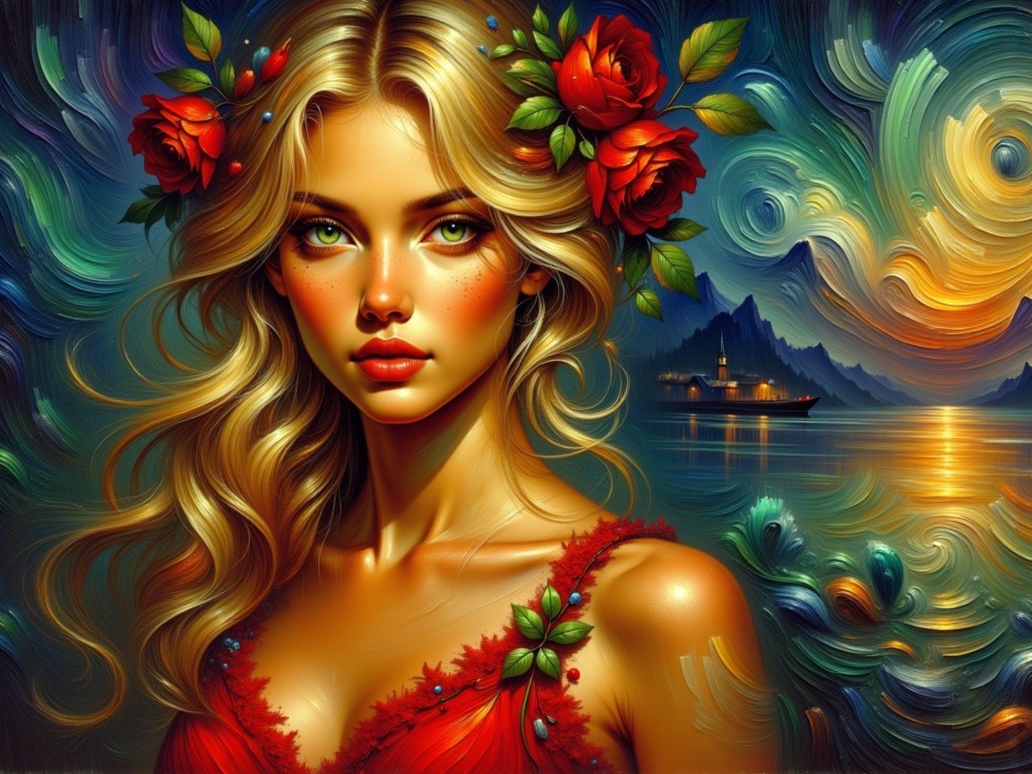 Portrait of a Young Woman with Roses and Night Sky