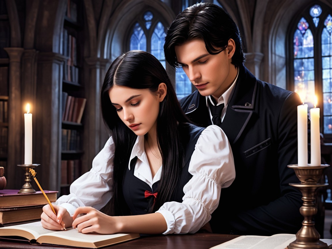 Young Woman Studies in Dim Library with Candlelight