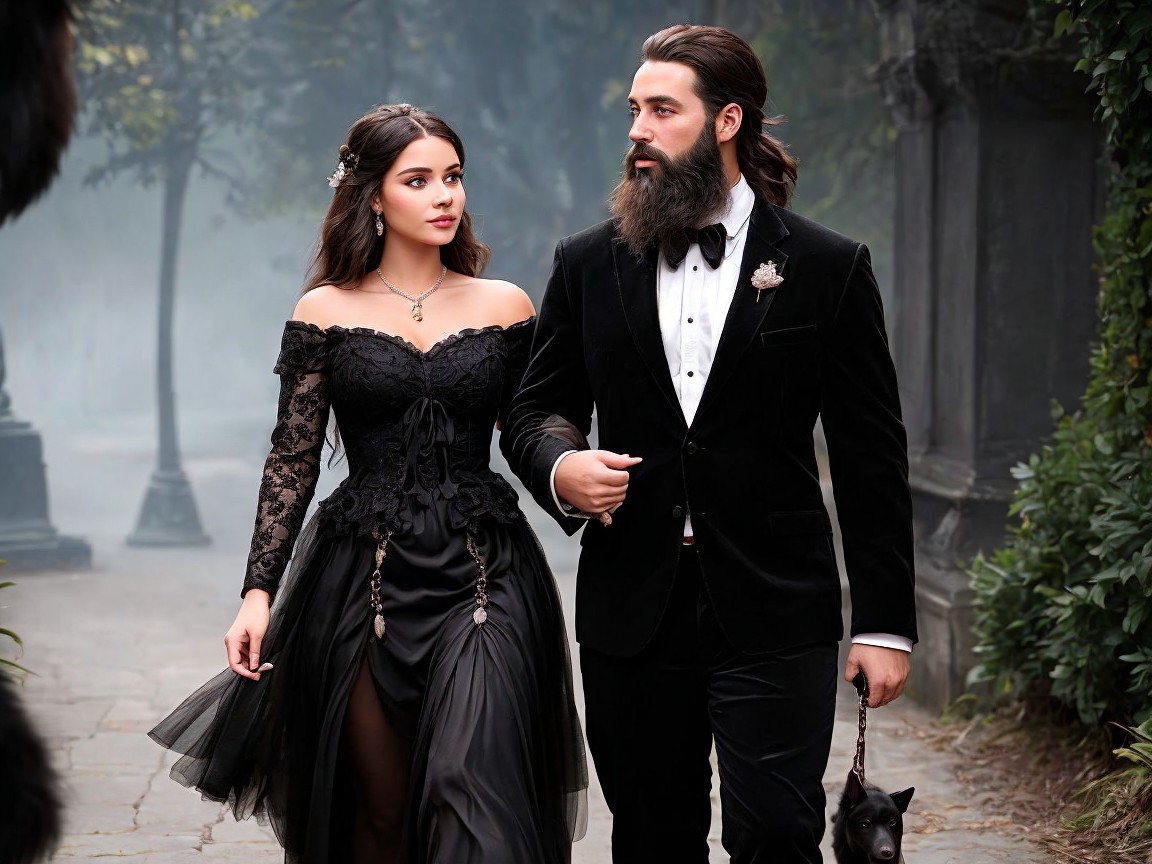 Elegant Couple in Misty Garden Pathway Setting