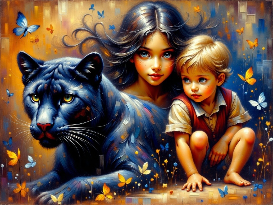 Young woman, boy, and panther in a whimsical scene
