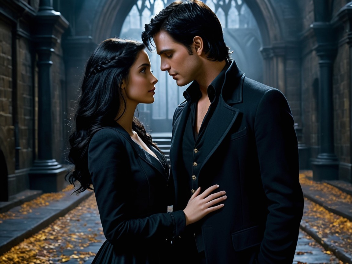 Gothic Romantic Scene with Couple in Elegant Attire