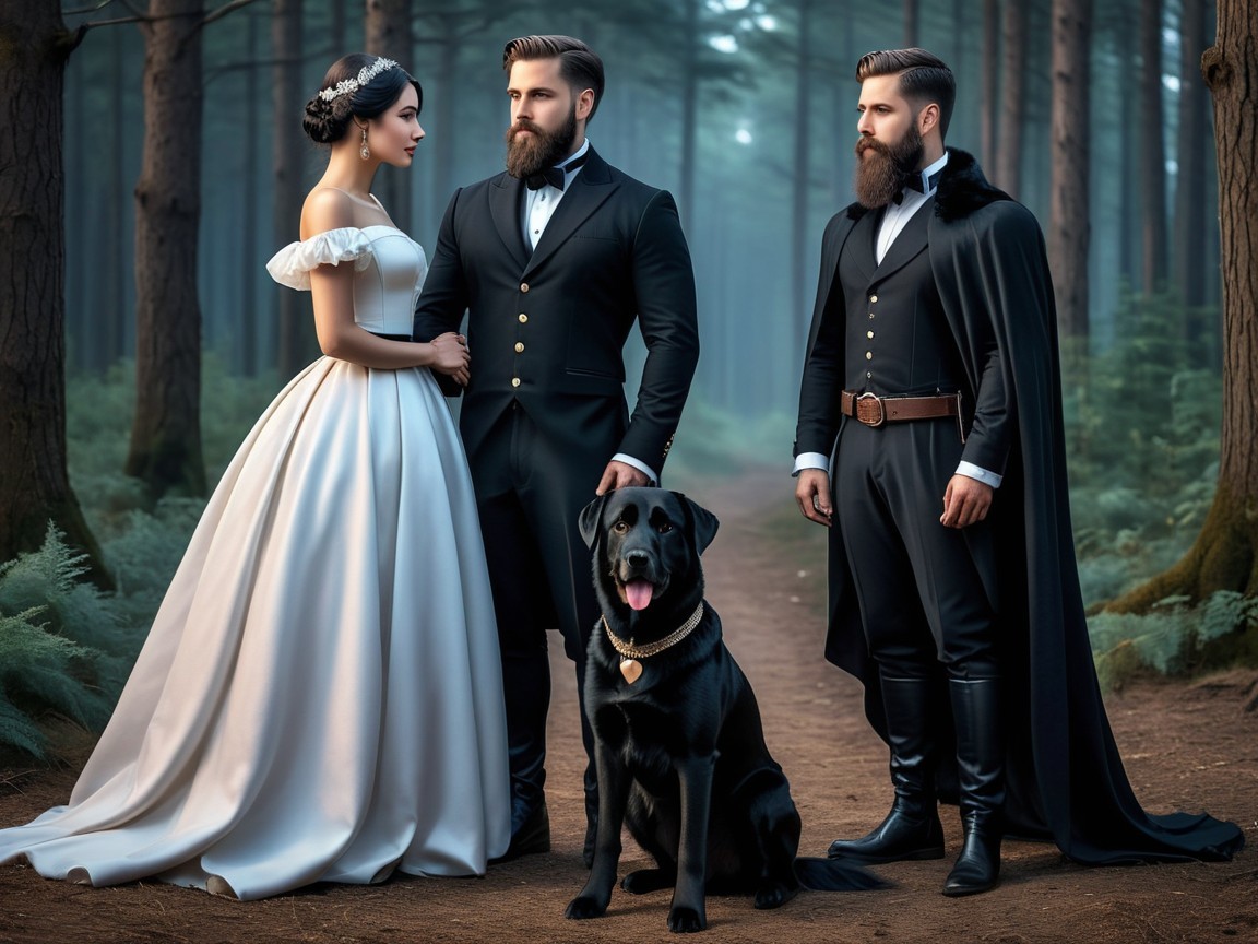 Elegant Couple in Forest with Dog and Stylish Attire