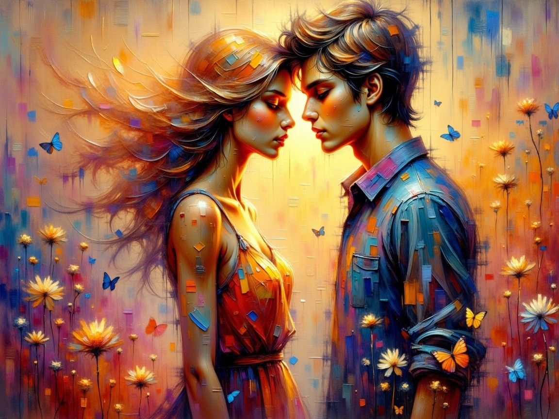 Young couple sharing an intimate moment in a flower field