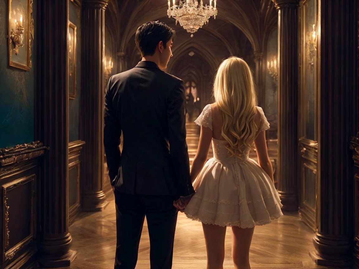 Couple in Elegant Hallway with Chandeliers and Lace Dress