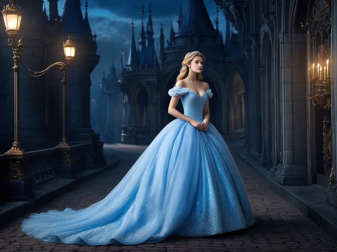 Elegant young woman in light blue ball gown at castle