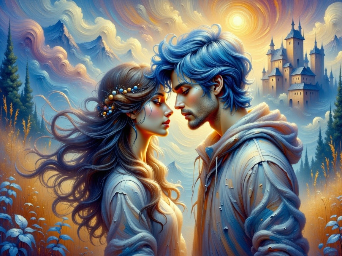 Couple in Dreamlike Landscape with Mystical Castle