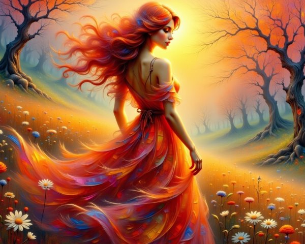 Woman in Autumn Landscape with Flowing Red Hair