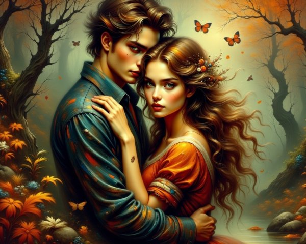 Couple Embraced in a Mystical Autumn Forest