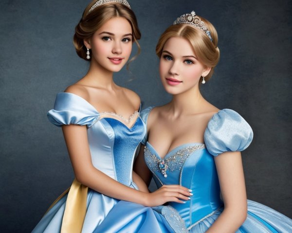 Elegant Young Women in Blue Ball Gowns and Tiaras