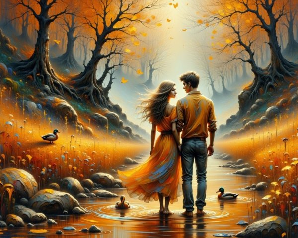 Couple by a serene river in autumn setting