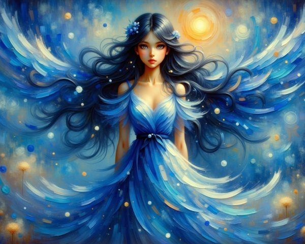 Mystical figure with blue hair in serene atmosphere