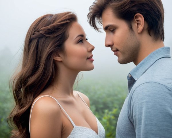 Young couple in a misty landscape showcasing intimacy