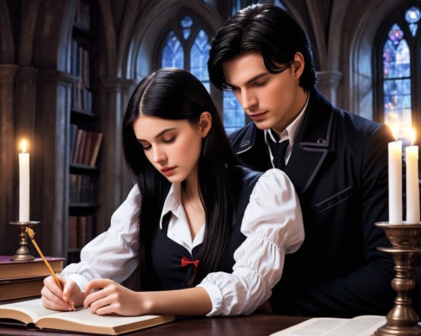 Young Woman Studies in Dim Library with Candlelight