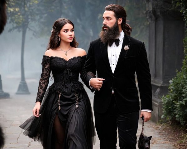 Elegant Couple in Misty Garden Pathway Setting