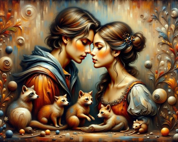 Close-Up of Two People with Playful Foxes and Colors