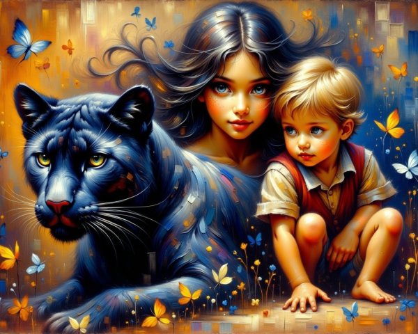 Young woman, boy, and panther in a whimsical scene
