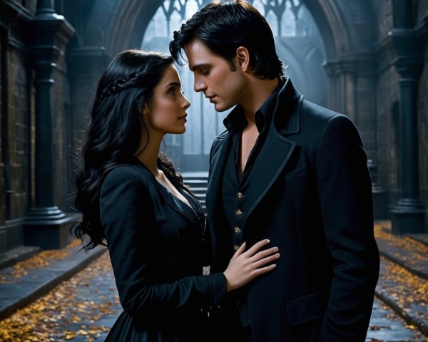 Gothic Romantic Scene with Couple in Elegant Attire
