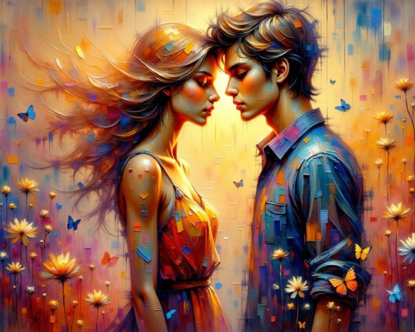 Young couple sharing an intimate moment in a flower field