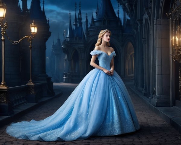 Elegant young woman in light blue ball gown at castle