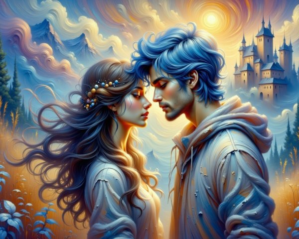 Couple in Dreamlike Landscape with Mystical Castle