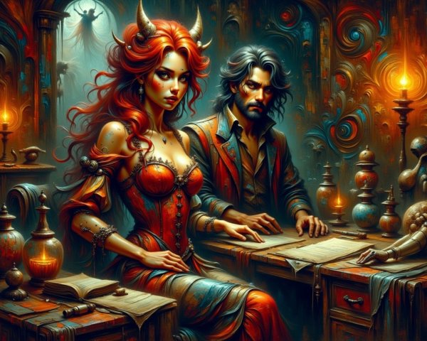 Fantasy Scene with Red-Haired Woman and Brooding Man