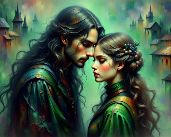 Young Couple in Dreamlike Landscape with Ethereal Background