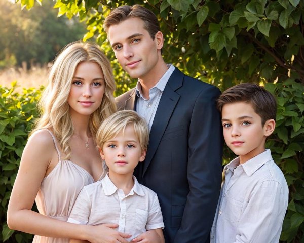 Family Portrait in Lush Greenery with Sunlight Glow
