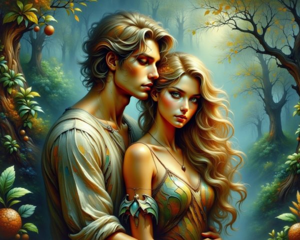 Young couple in a mystical forest with enchanting ambiance