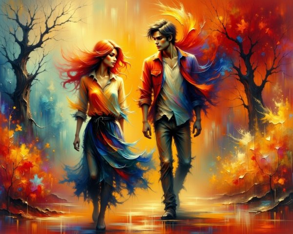 Young Couple in Colorful Autumn Landscape