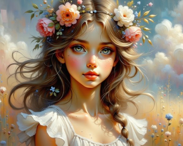 Young girl with floral crown in dreamy landscape