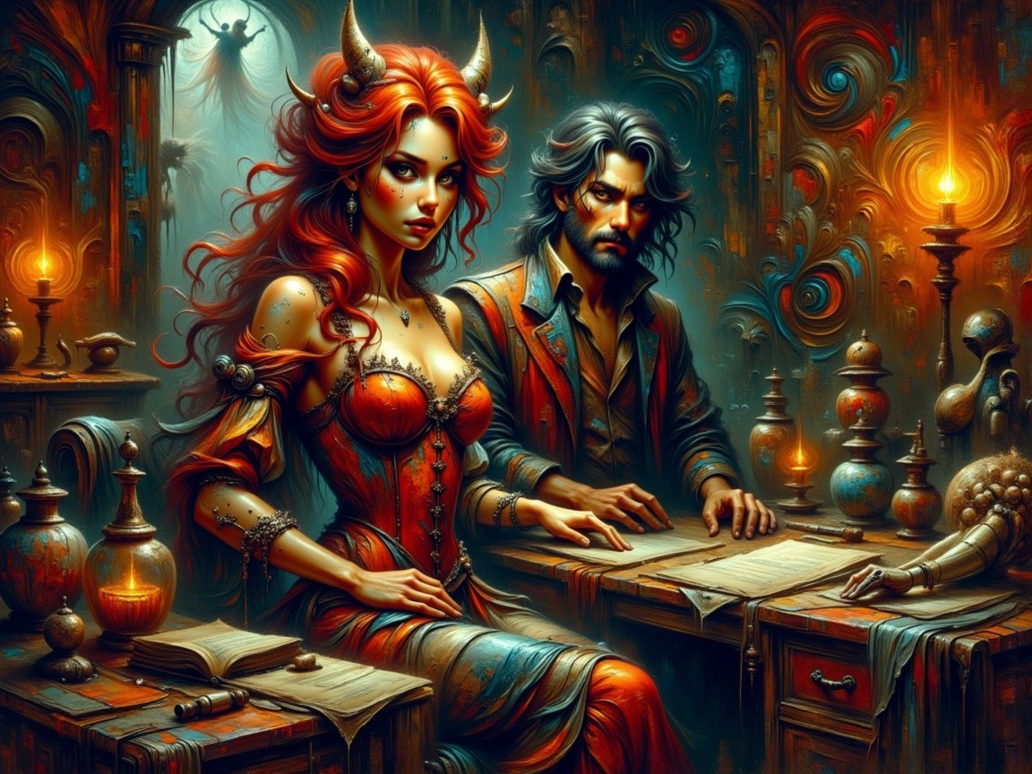Fantasy Scene with Red-Haired Woman and Brooding Man