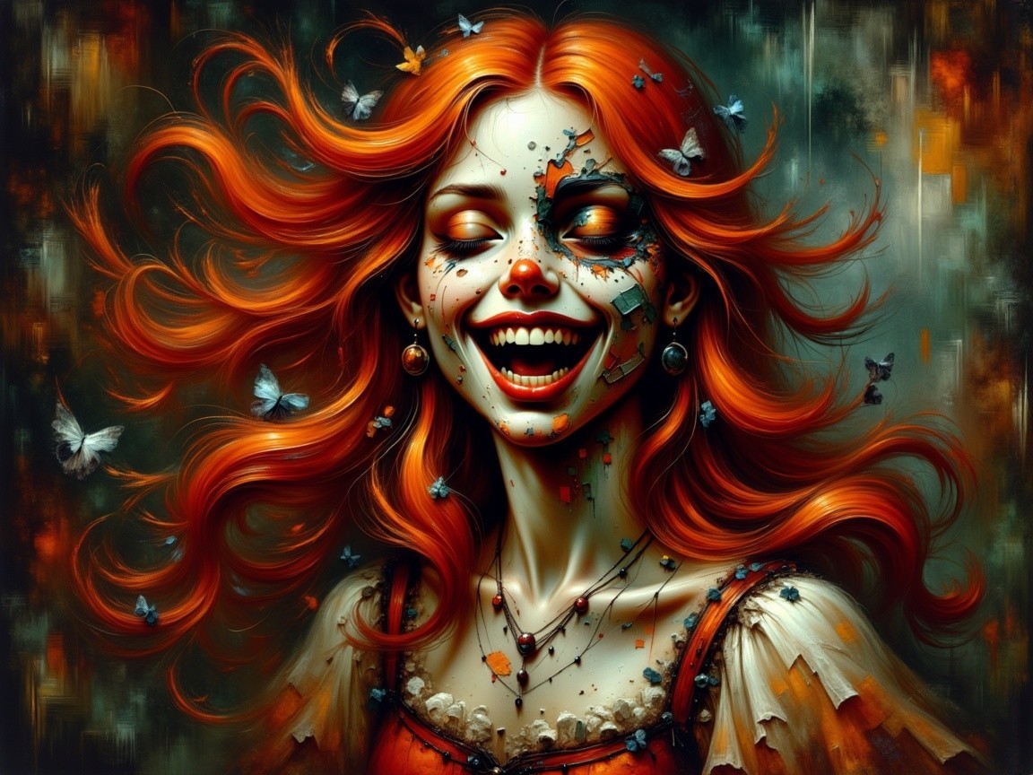 Surreal Portrait of a Woman with Red Hair and Butterflies