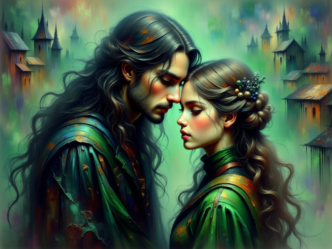 Young Couple in Dreamlike Landscape with Ethereal Background