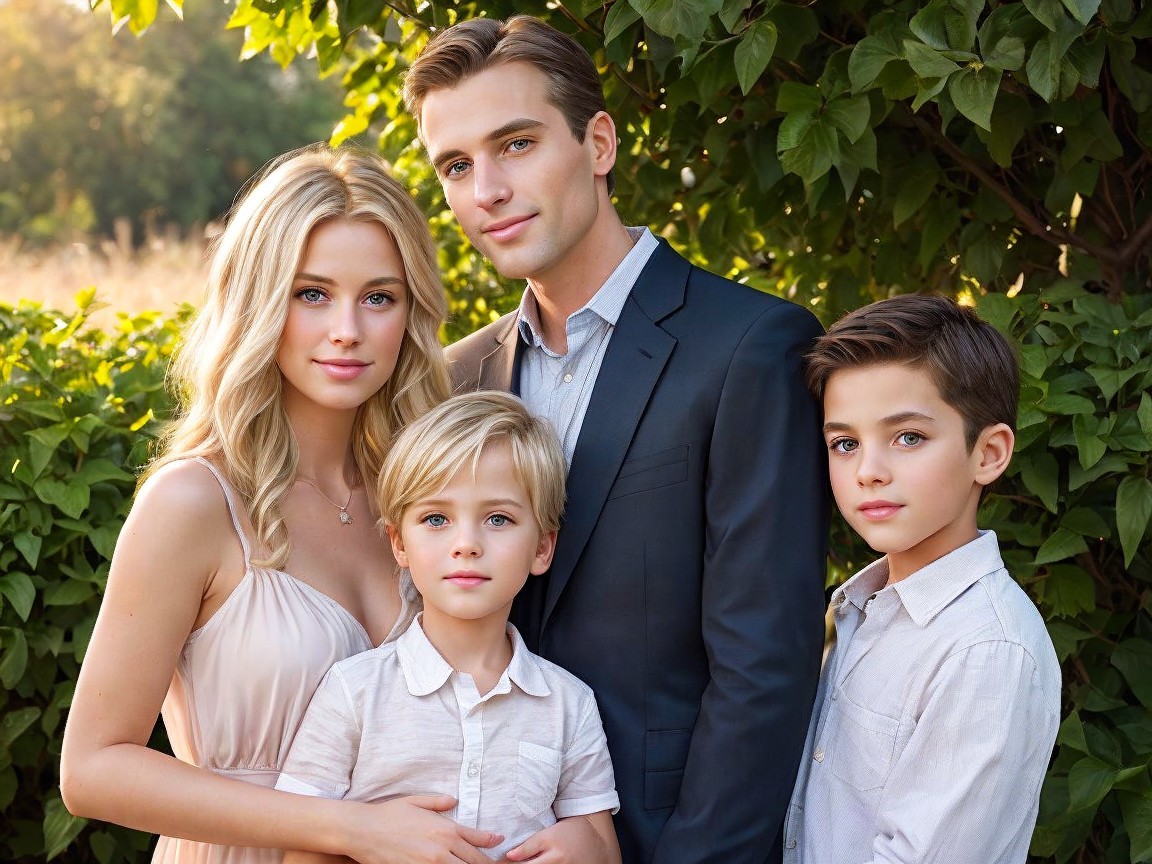 Family Portrait in Lush Greenery with Sunlight Glow