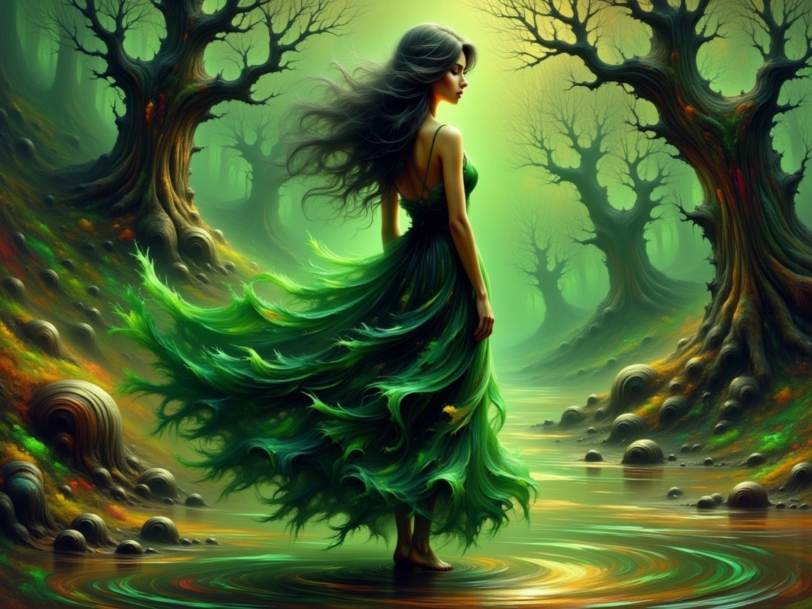 Woman in Green Dress in Mystical Forest Setting