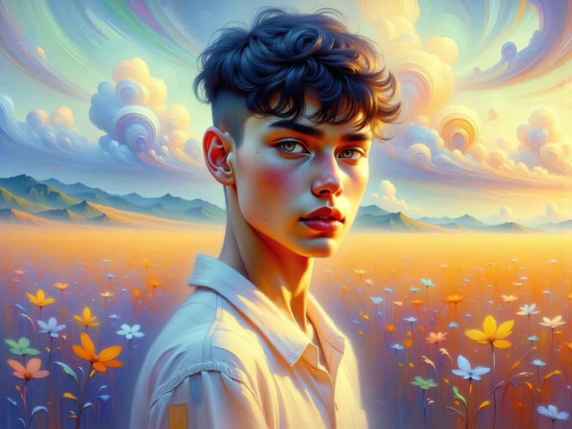 Young person with curly hair in vibrant flower landscape