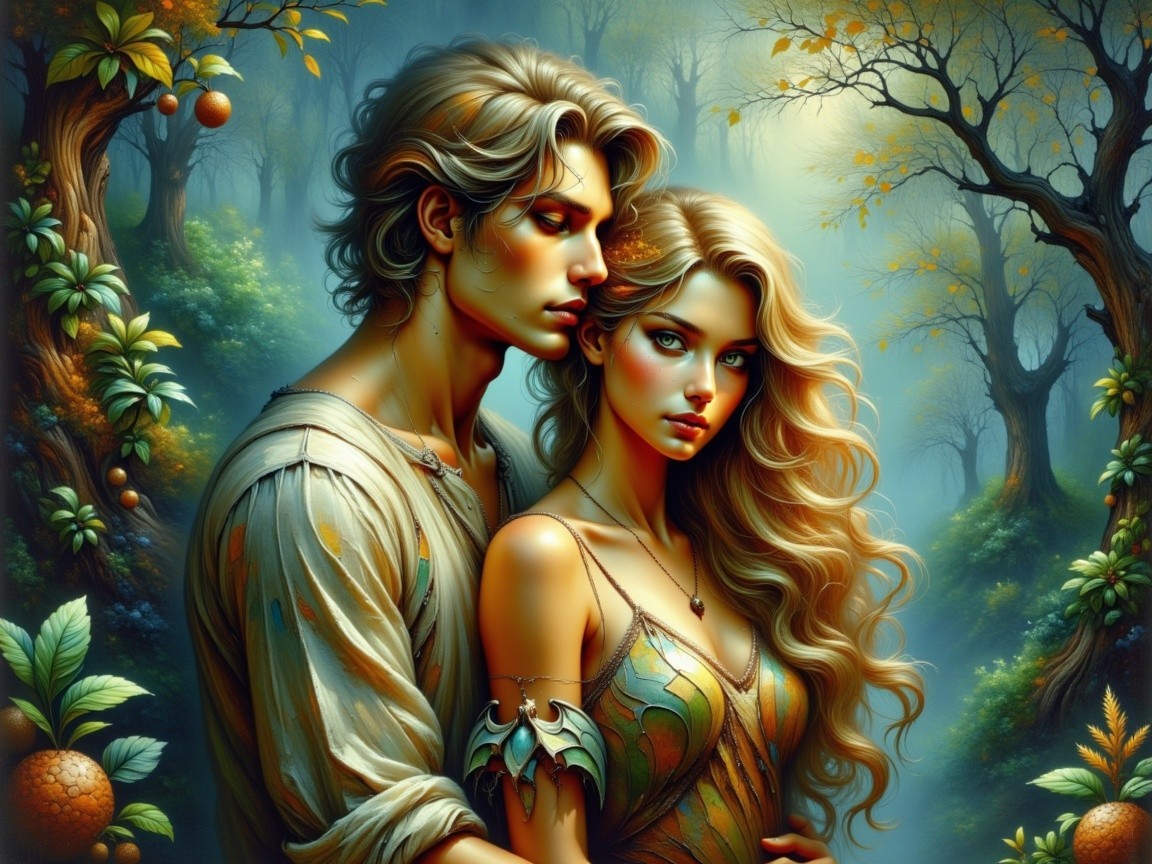 Young couple in a mystical forest with enchanting ambiance