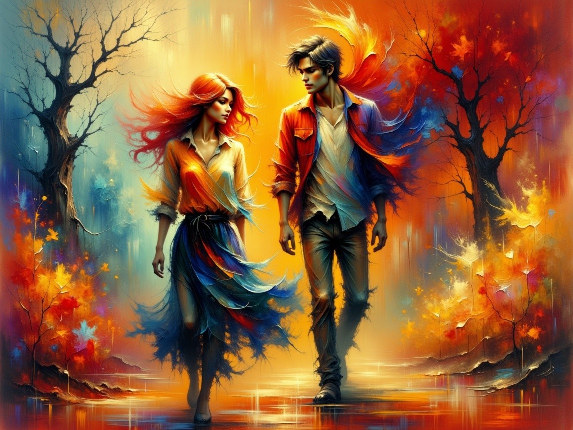Young Couple in Colorful Autumn Landscape