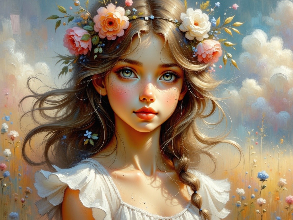 Young girl with floral crown in dreamy landscape